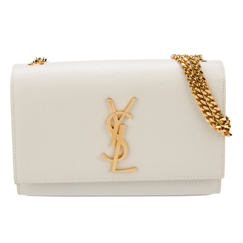YSL Kate Small White Off Gained Leather Flap Crossbody Gold Chain Bag.